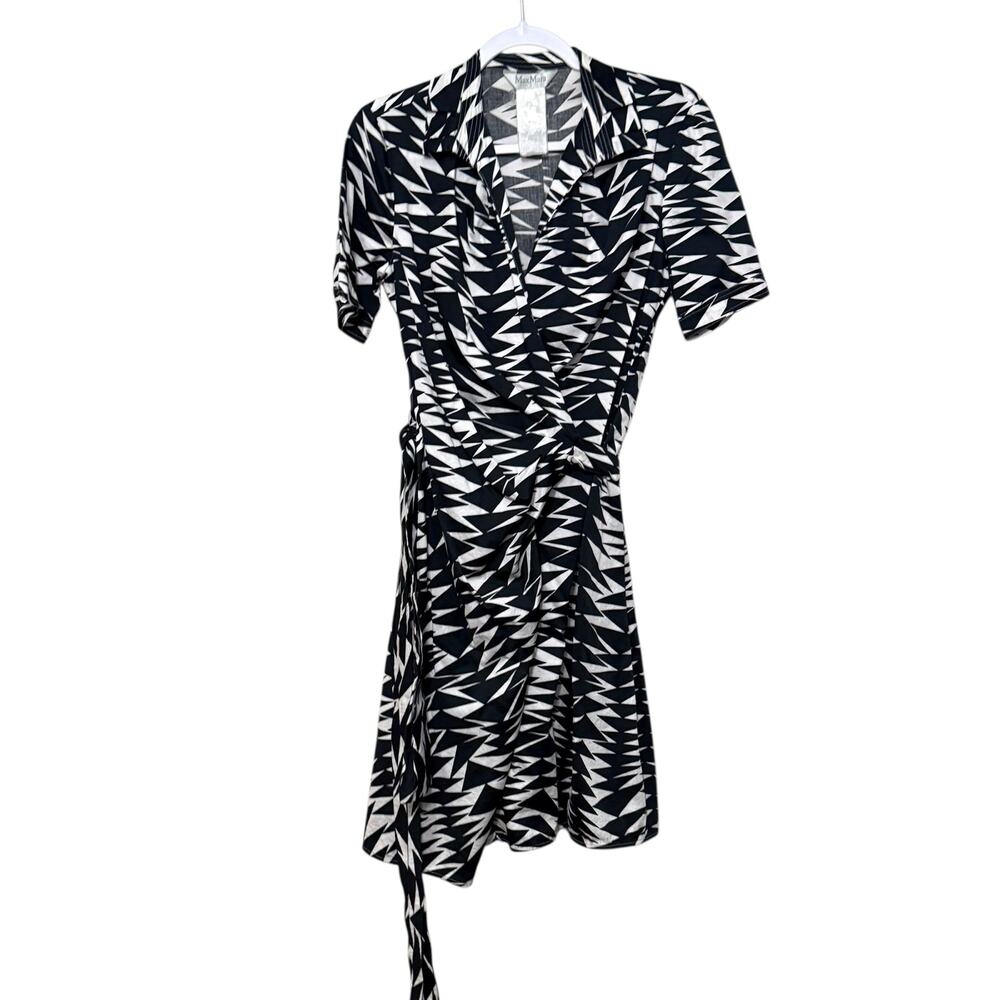 Max Mara Short Sleeve Wrap Dress Women 8 Navy White Collared Festive Party